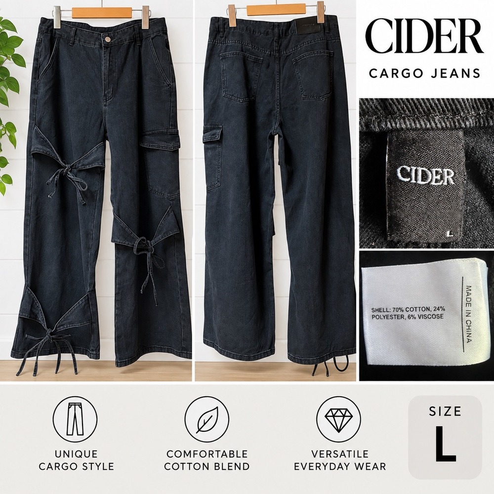 Cider Women Washed Black Cargo Jeans Wide Leg Tie Detail Size L